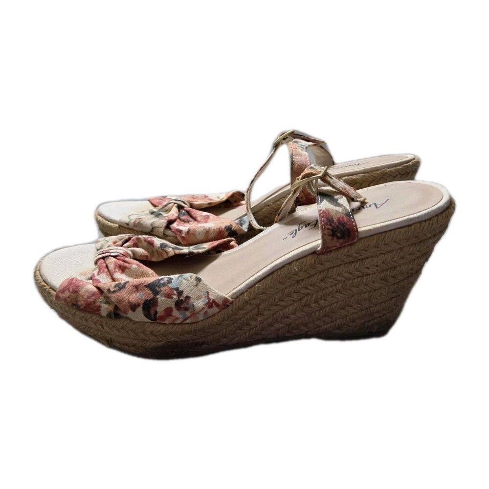 American Eagle Floral Bow Espadrille Wedge Sandals Ankle Strap Womens 8.5 GUC